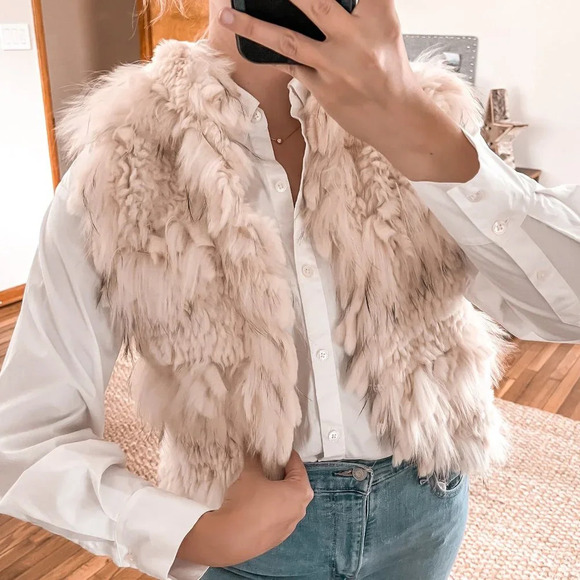 Jules Reid 100% Rabbit Fur Cream Designer Hand Made Boho Classic Fur Open Vest M - Picture 1 of 8